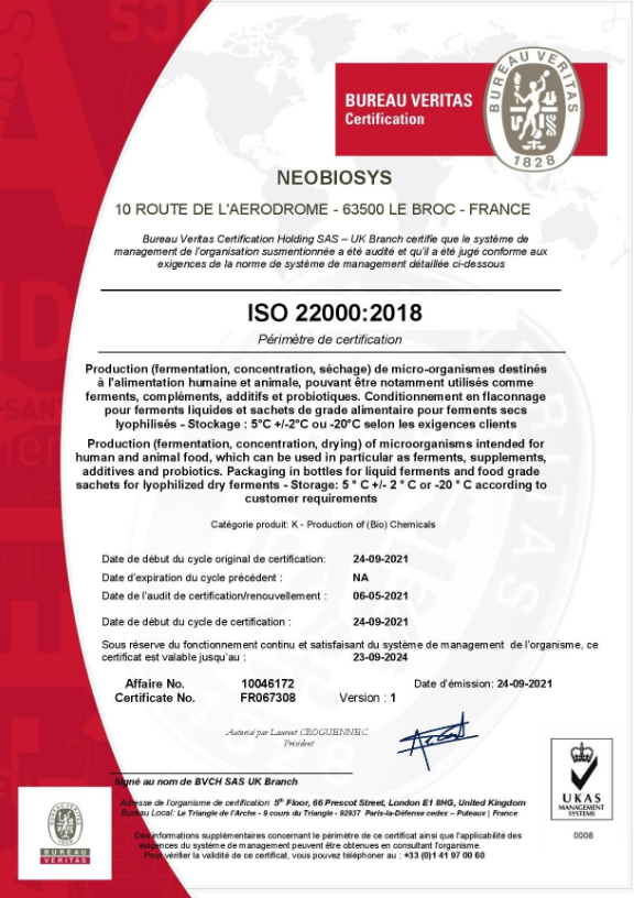 Certificat ISO 22000 NeoBioSys